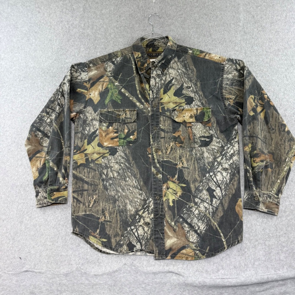 Jerzees Outdoors Shirt Mens Large y2k Green Camo Mossy Oak Break Up Button Down